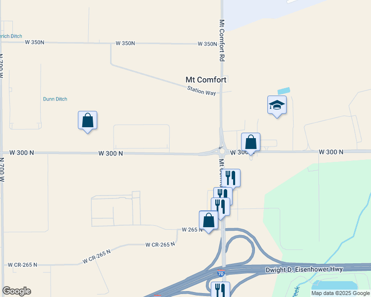map of restaurants, bars, coffee shops, grocery stores, and more near 6172 West 300 North in Greenfield
