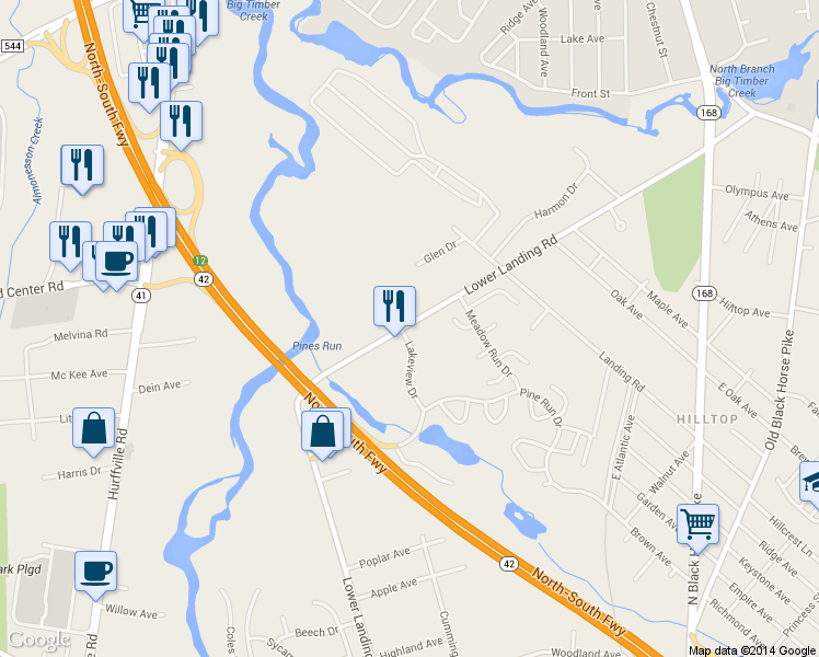 map of restaurants, bars, coffee shops, grocery stores, and more near 539 Lower Landing Road in Camden County