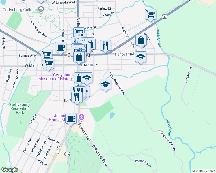 map of restaurants, bars, coffee shops, grocery stores, and more near 157 Lefever Street in Gettysburg