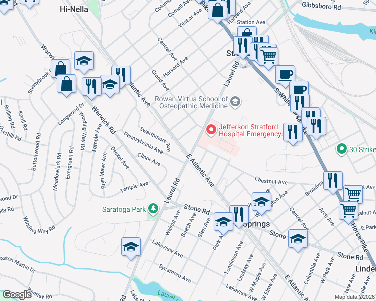 map of restaurants, bars, coffee shops, grocery stores, and more near 8 Oxford Avenue in Stratford