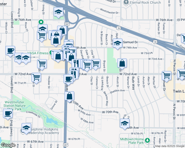 map of restaurants, bars, coffee shops, grocery stores, and more near 2781 Eliot Circle in Westminster