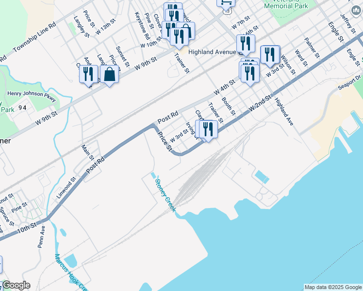 map of restaurants, bars, coffee shops, grocery stores, and more near 3407 West 3rd Street in Trainer