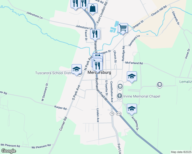 map of restaurants, bars, coffee shops, grocery stores, and more near 48 North Main Street in Mercersburg