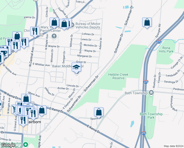 map of restaurants, bars, coffee shops, grocery stores, and more near 640 Jefferson Street in Fairborn