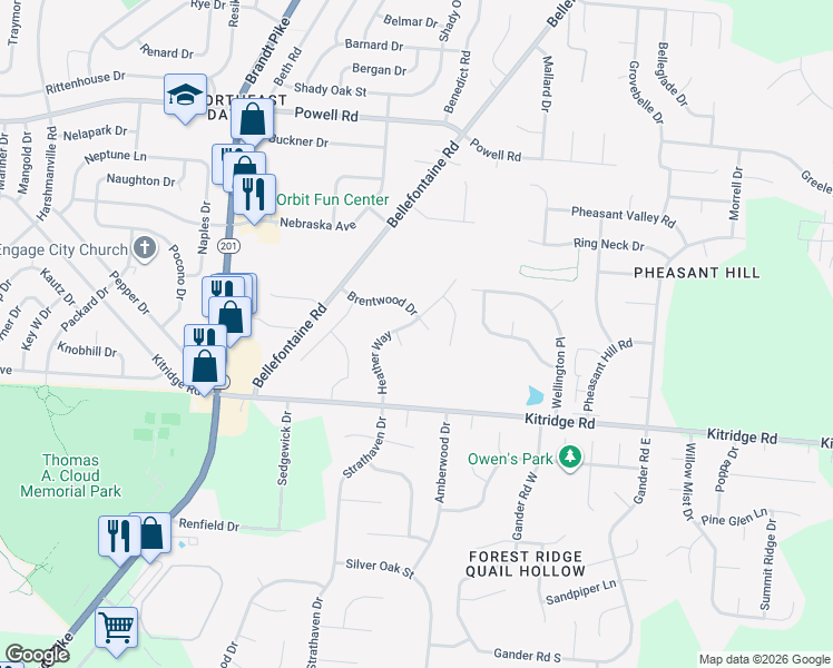 map of restaurants, bars, coffee shops, grocery stores, and more near 5288 Heather Way in Dayton