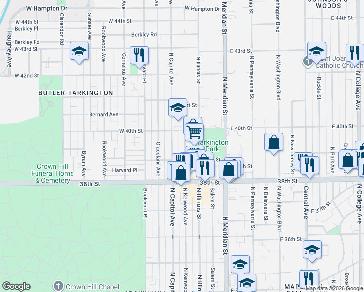 map of restaurants, bars, coffee shops, grocery stores, and more near 3957 North Kenwood Avenue in Indianapolis