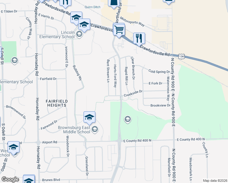 map of restaurants, bars, coffee shops, grocery stores, and more near 352 Harts Ford Way in Brownsburg