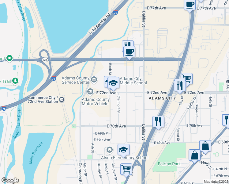 map of restaurants, bars, coffee shops, grocery stores, and more near 4451 East 72nd Avenue in Commerce City