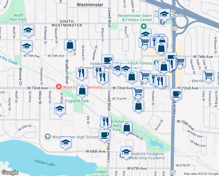 map of restaurants, bars, coffee shops, grocery stores, and more near 7200 Lowell Boulevard in Westminster