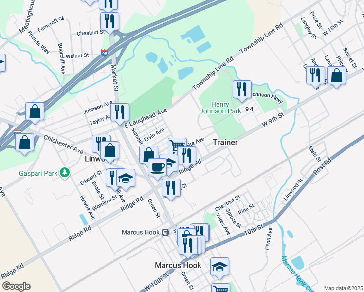 map of restaurants, bars, coffee shops, grocery stores, and more near 212 White Avenue in Linwood