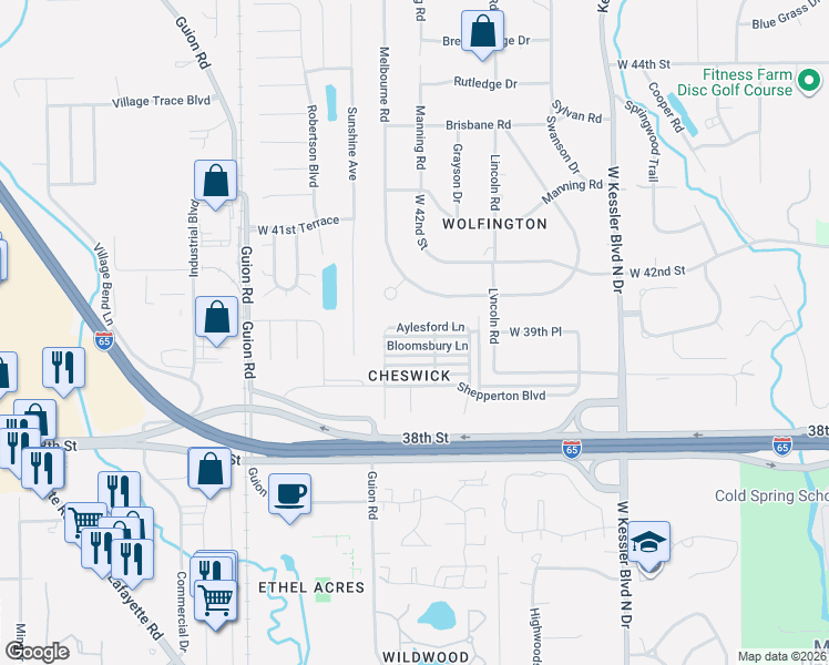 map of restaurants, bars, coffee shops, grocery stores, and more near 3515 Melbourne Circle in Indianapolis