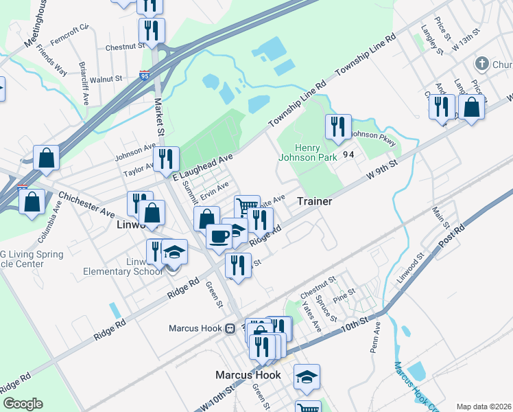 map of restaurants, bars, coffee shops, grocery stores, and more near 218 White Avenue in Linwood