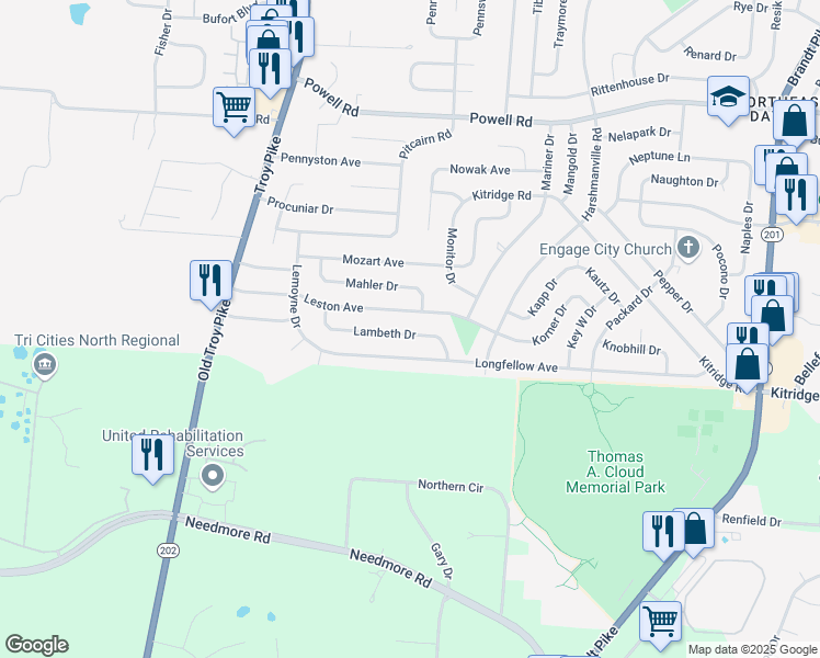 map of restaurants, bars, coffee shops, grocery stores, and more near 4399 Lambeth Drive in Dayton