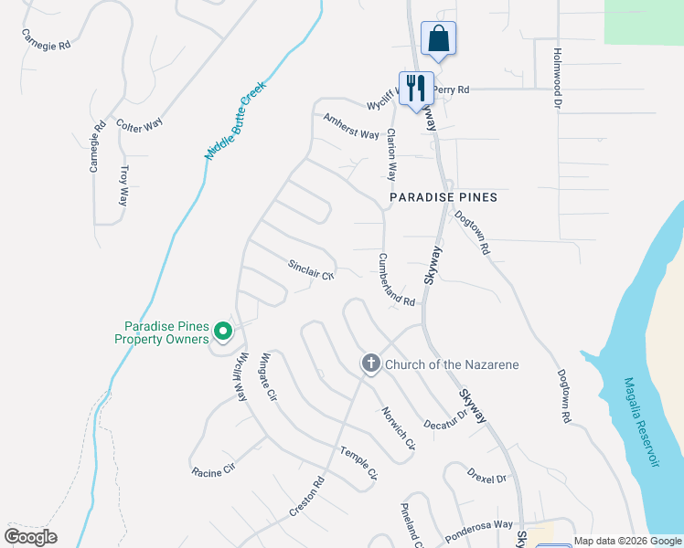 map of restaurants, bars, coffee shops, grocery stores, and more near 14334 Sinclair Circle in Magalia
