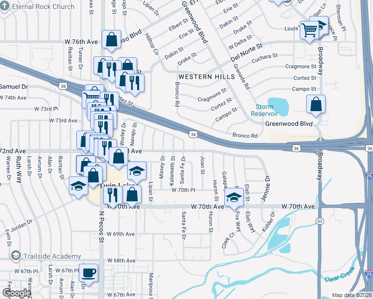 map of restaurants, bars, coffee shops, grocery stores, and more near 7235 Inca Street in Denver