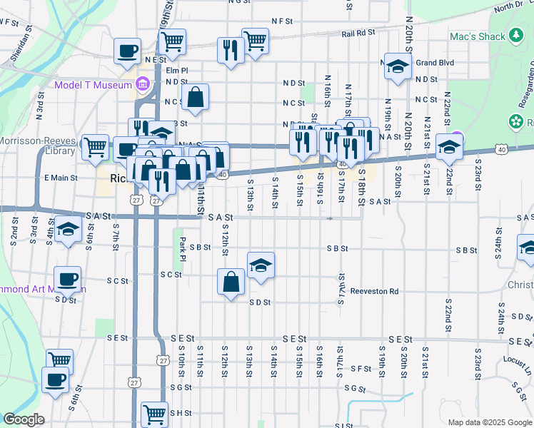 map of restaurants, bars, coffee shops, grocery stores, and more near 54 South 14th Street in Richmond
