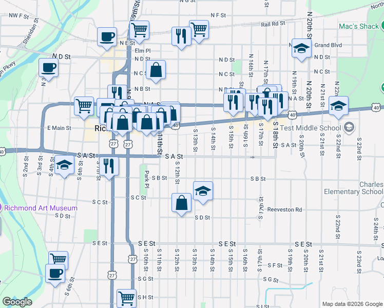 map of restaurants, bars, coffee shops, grocery stores, and more near 36 1/2 South 13th Street in Richmond