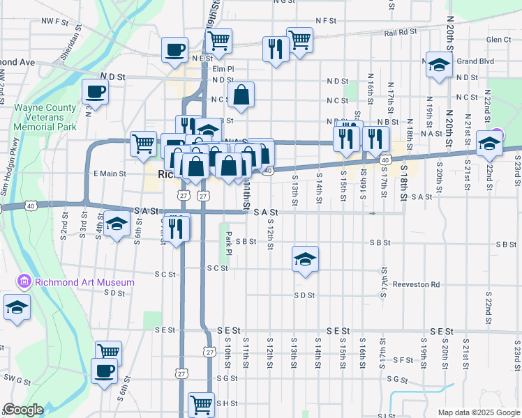 map of restaurants, bars, coffee shops, grocery stores, and more near 42 South 12th Street in Richmond