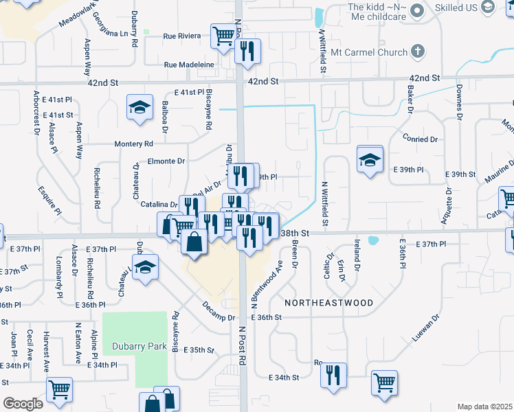 map of restaurants, bars, coffee shops, grocery stores, and more near 3932 Breen Drive in Indianapolis
