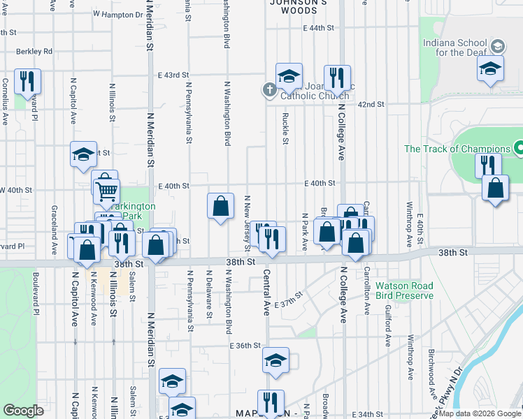 map of restaurants, bars, coffee shops, grocery stores, and more near 3939 Central Avenue in Indianapolis