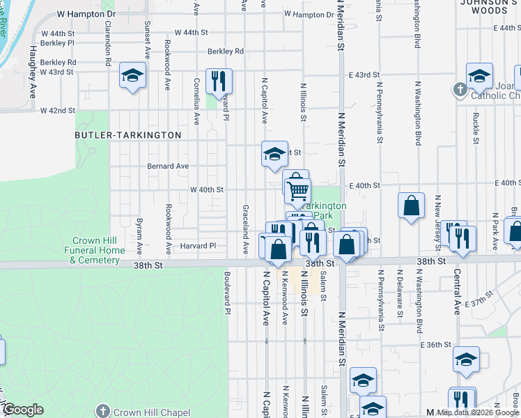 map of restaurants, bars, coffee shops, grocery stores, and more near 3953 North Capitol Avenue in Indianapolis