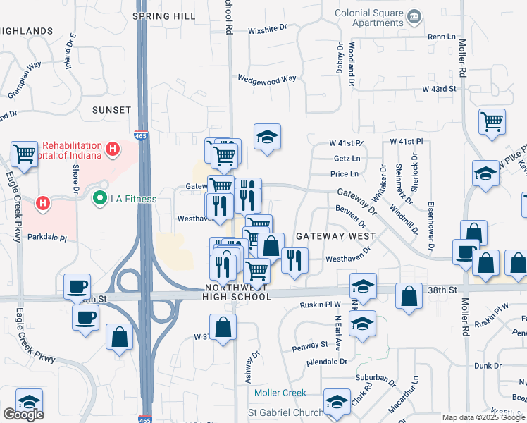map of restaurants, bars, coffee shops, grocery stores, and more near 4020 Gateway Court in Indianapolis