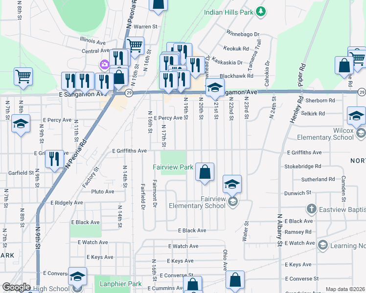 map of restaurants, bars, coffee shops, grocery stores, and more near 2010 North 17th Street in Springfield