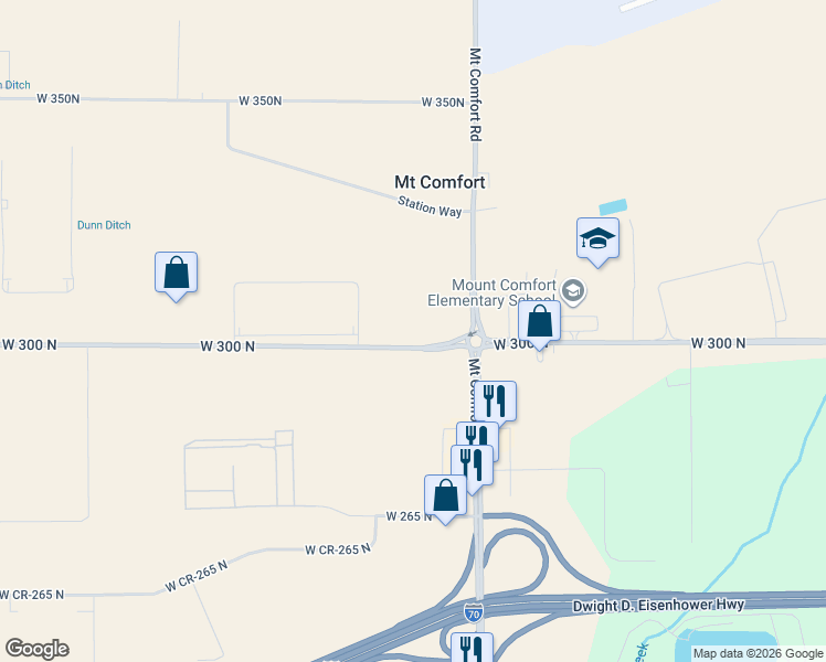 map of restaurants, bars, coffee shops, grocery stores, and more near 6130 West 300 North in Greenfield