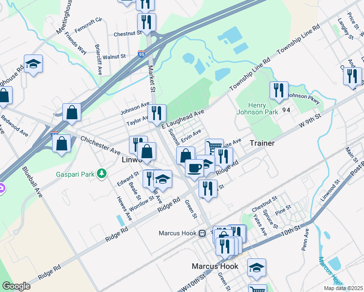 map of restaurants, bars, coffee shops, grocery stores, and more near 1535 Summit Street in Marcus Hook