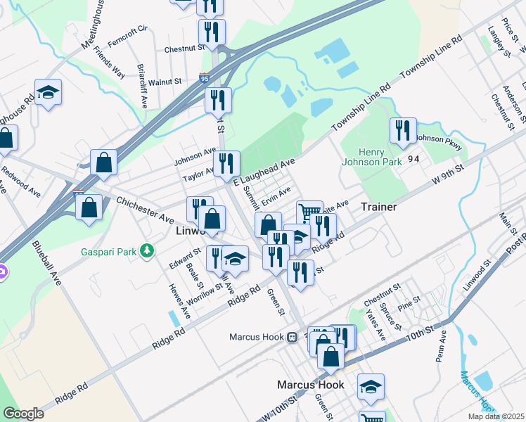 map of restaurants, bars, coffee shops, grocery stores, and more near 1535 Summit Street in Marcus Hook