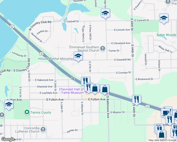 map of restaurants, bars, coffee shops, grocery stores, and more near 1385 South 37th Street in Decatur