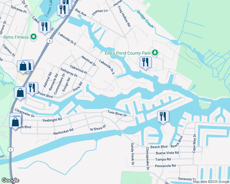 map of restaurants, bars, coffee shops, grocery stores, and more near 106 Coral Way South in Lacey Township