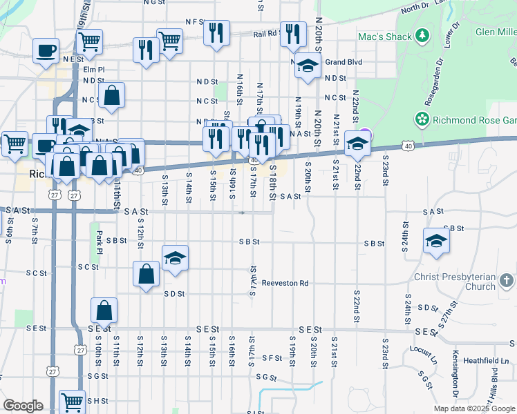 map of restaurants, bars, coffee shops, grocery stores, and more near 69 1/2 South 17th Street in Richmond