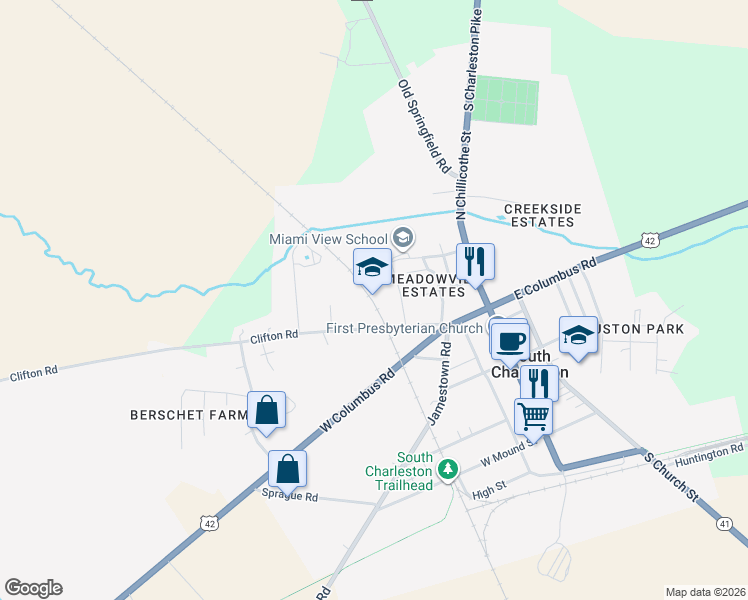 map of restaurants, bars, coffee shops, grocery stores, and more near 230 Clifton Road in South Charleston