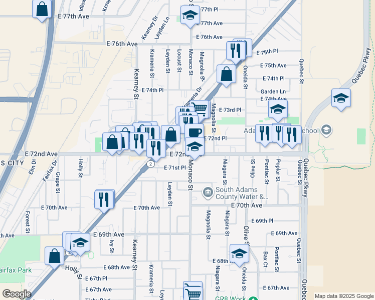 map of restaurants, bars, coffee shops, grocery stores, and more near 7240 North Locust Street in Commerce City