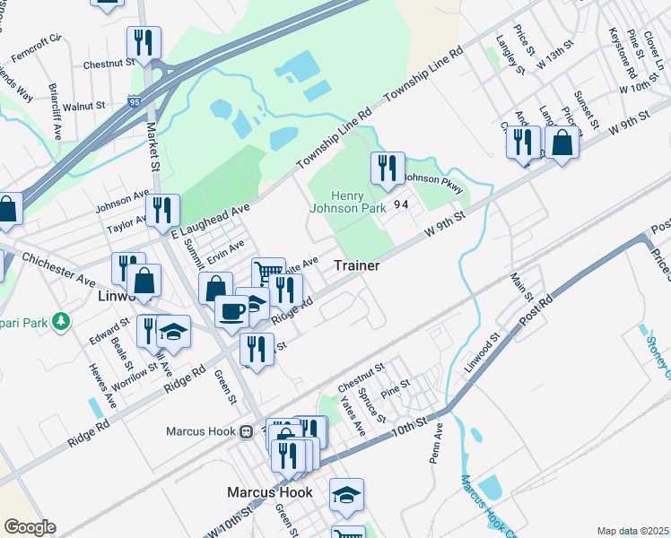 map of restaurants, bars, coffee shops, grocery stores, and more near 315 Cranston Avenue in Linwood