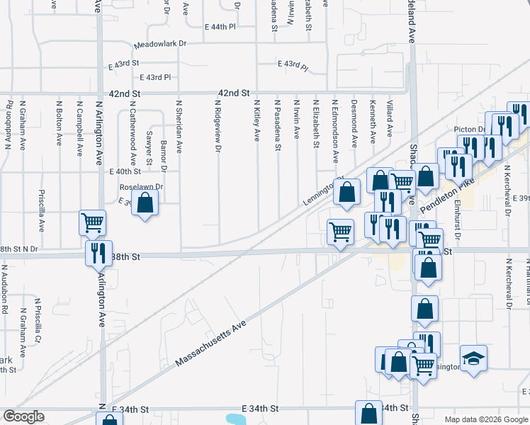 map of restaurants, bars, coffee shops, grocery stores, and more near 3829 North Kitley Avenue in Indianapolis