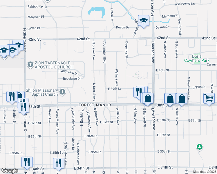 map of restaurants, bars, coffee shops, grocery stores, and more near 3910 Arthington Boulevard in Indianapolis
