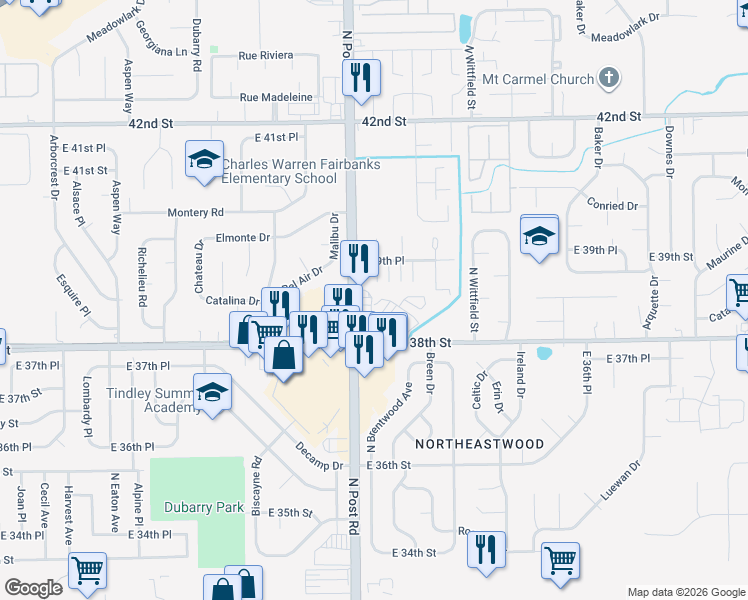 map of restaurants, bars, coffee shops, grocery stores, and more near 9108 East 38th Place in Indianapolis