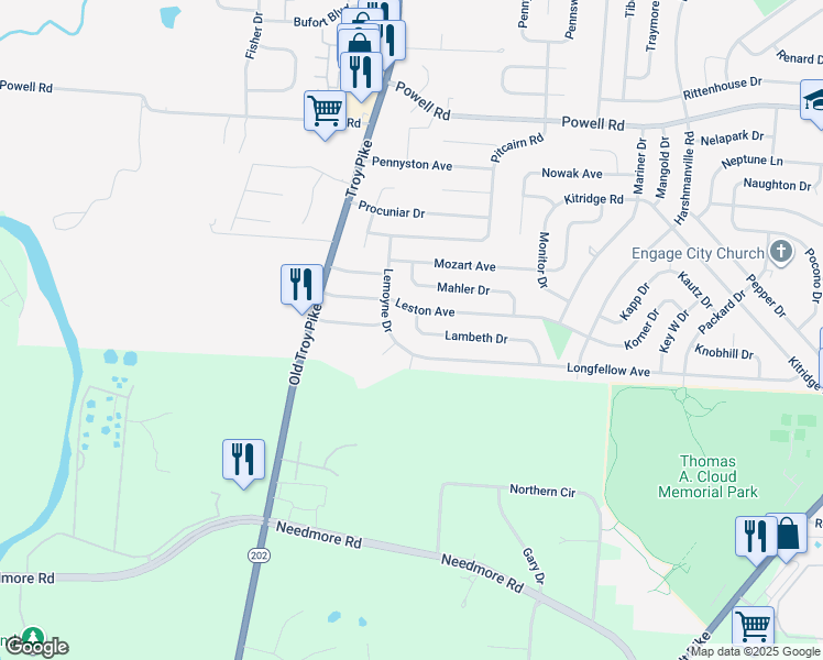 map of restaurants, bars, coffee shops, grocery stores, and more near 4312 Lambeth Drive in Dayton