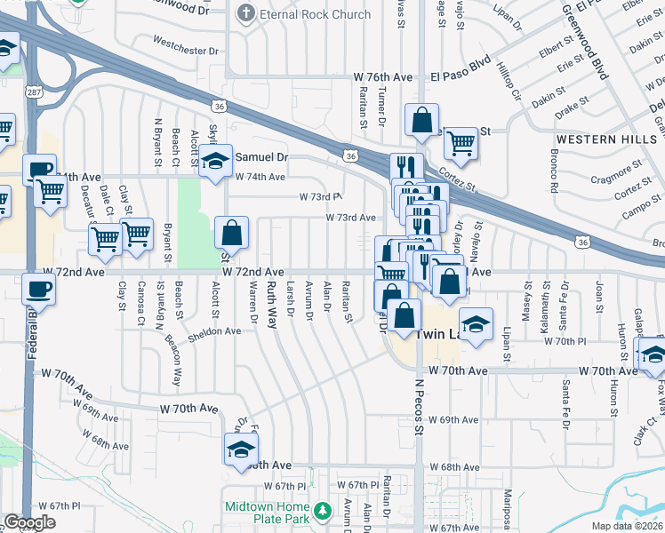 map of restaurants, bars, coffee shops, grocery stores, and more near 7230 Alan Drive in Denver