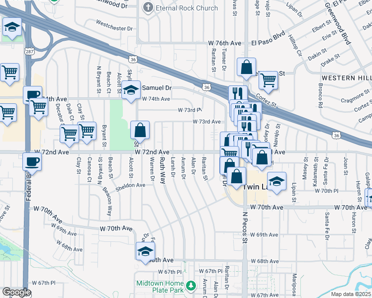 map of restaurants, bars, coffee shops, grocery stores, and more near 7231 Avrum Drive in Denver