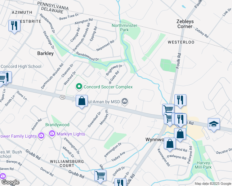 map of restaurants, bars, coffee shops, grocery stores, and more near 2602 Tonbridge Drive in Wilmington