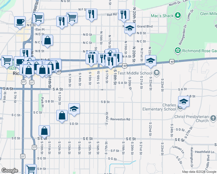 map of restaurants, bars, coffee shops, grocery stores, and more near 51 South 17th Street in Richmond