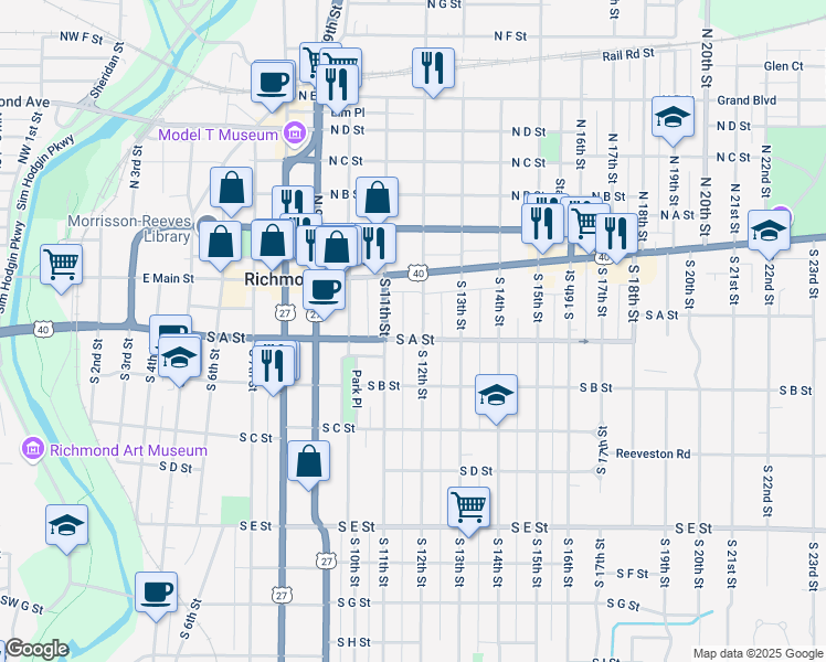 map of restaurants, bars, coffee shops, grocery stores, and more near 42 South 12th Street in Richmond