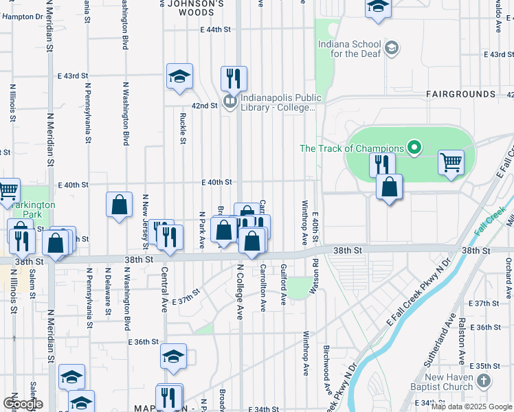 map of restaurants, bars, coffee shops, grocery stores, and more near 3957 Carrollton Avenue in Indianapolis