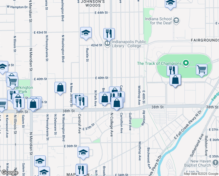 map of restaurants, bars, coffee shops, grocery stores, and more near 3948 North College Avenue in Indianapolis