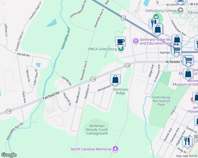 map of restaurants, bars, coffee shops, grocery stores, and more near 1010 Fairfield Road in Gettysburg