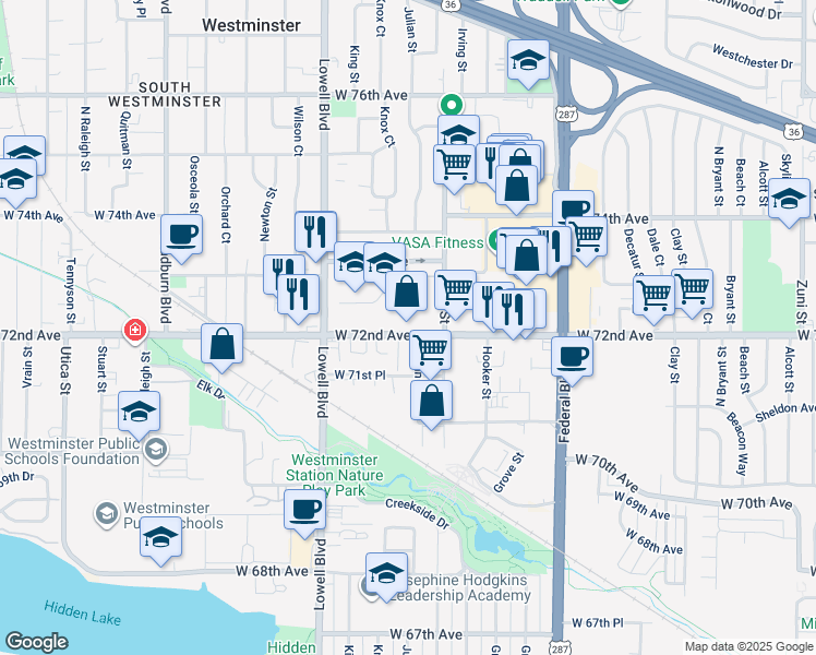 map of restaurants, bars, coffee shops, grocery stores, and more near 3489 West 72nd Avenue in Westminster