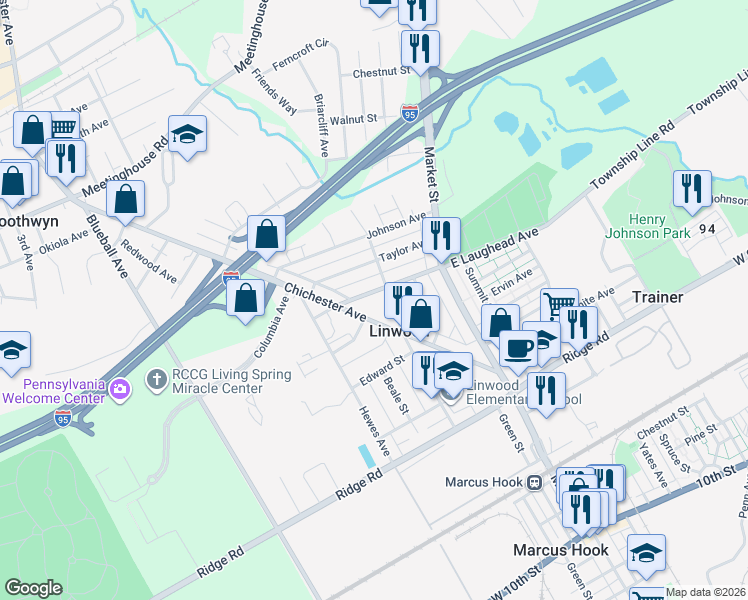 map of restaurants, bars, coffee shops, grocery stores, and more near 330 West Laughead Avenue in Linwood